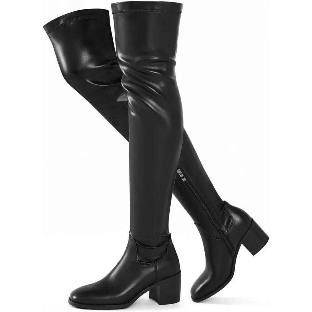 Women Black Chunky Heel Over The Knee Comfortable Long Stretch Side Zipper Boots